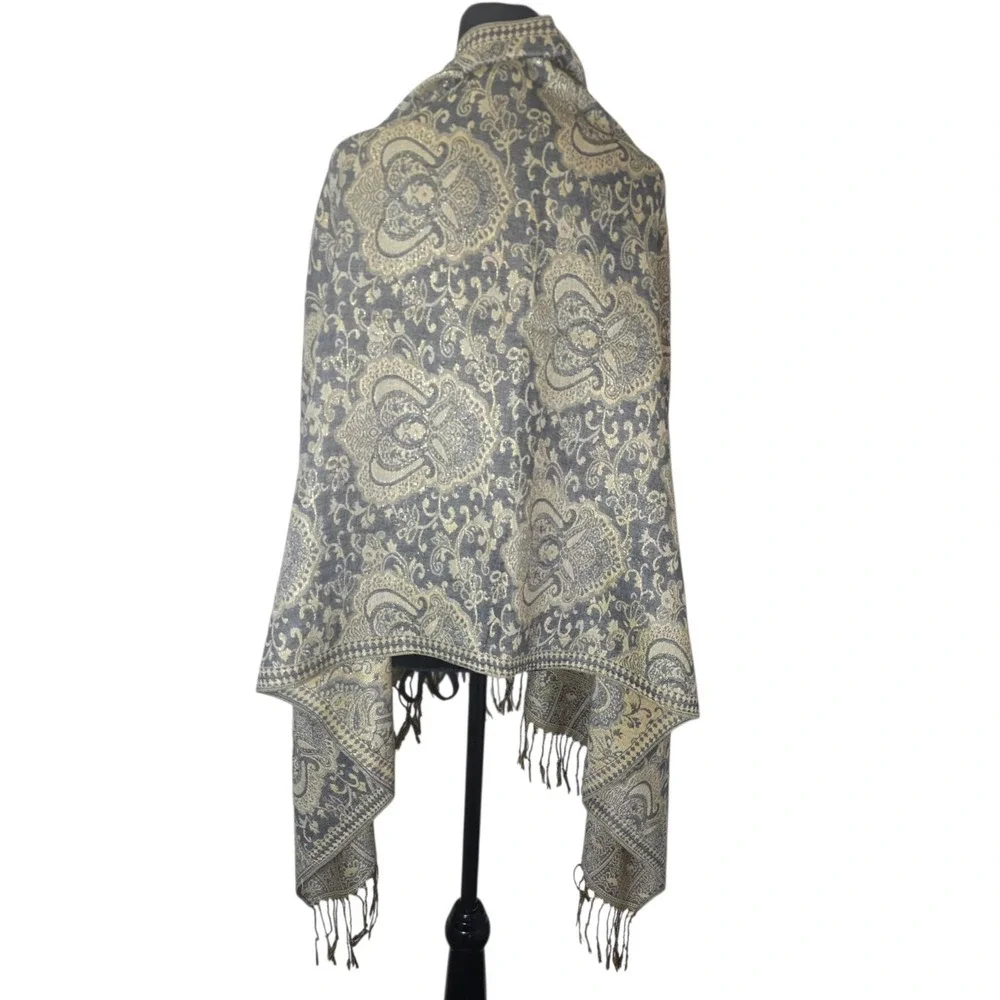 Pashmina Womens Gold Gray Paisley Silk Blend Fringe Reversible Wrap Scarf Shawl